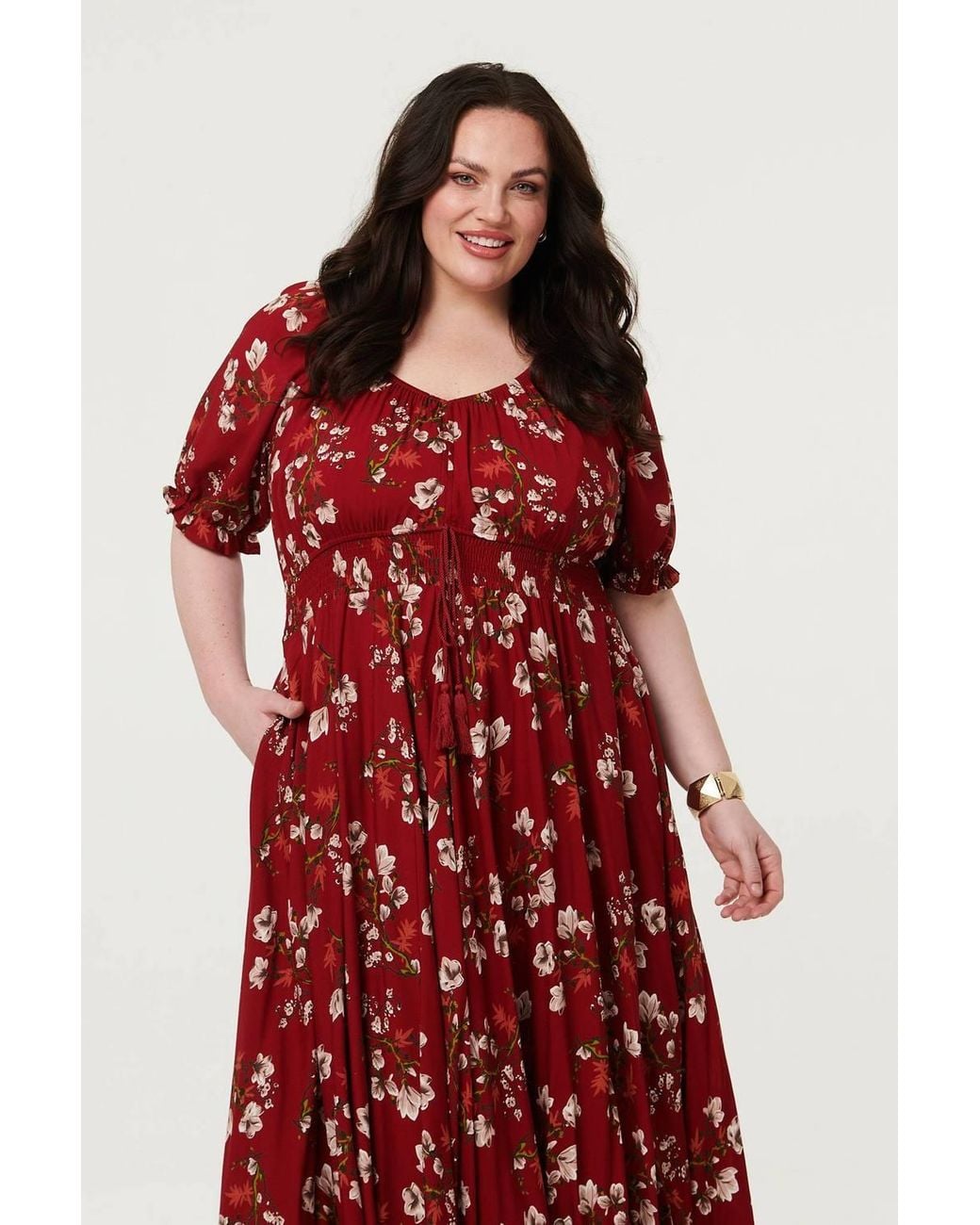 Izabel London Red Curve Floral Bardot Empire Maxi Dress