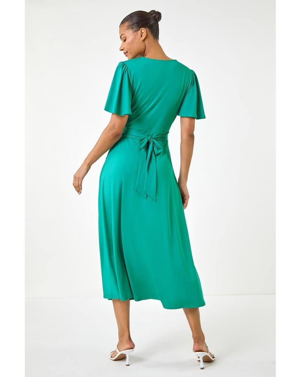 Roman Green Tie Back V-Neck Stretch Midi Dress