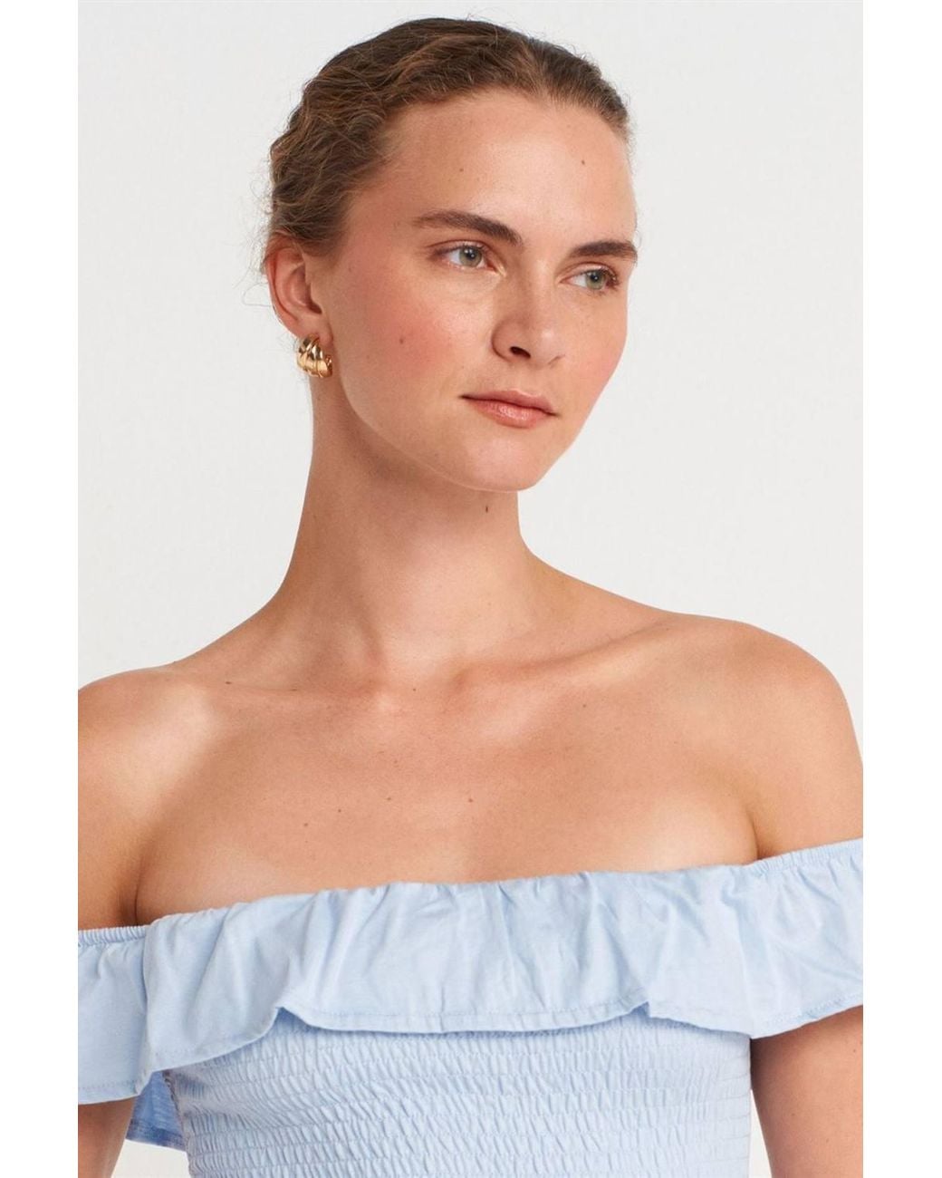 Dilvin White Off-Shoulder Ribbed Crop Blouse