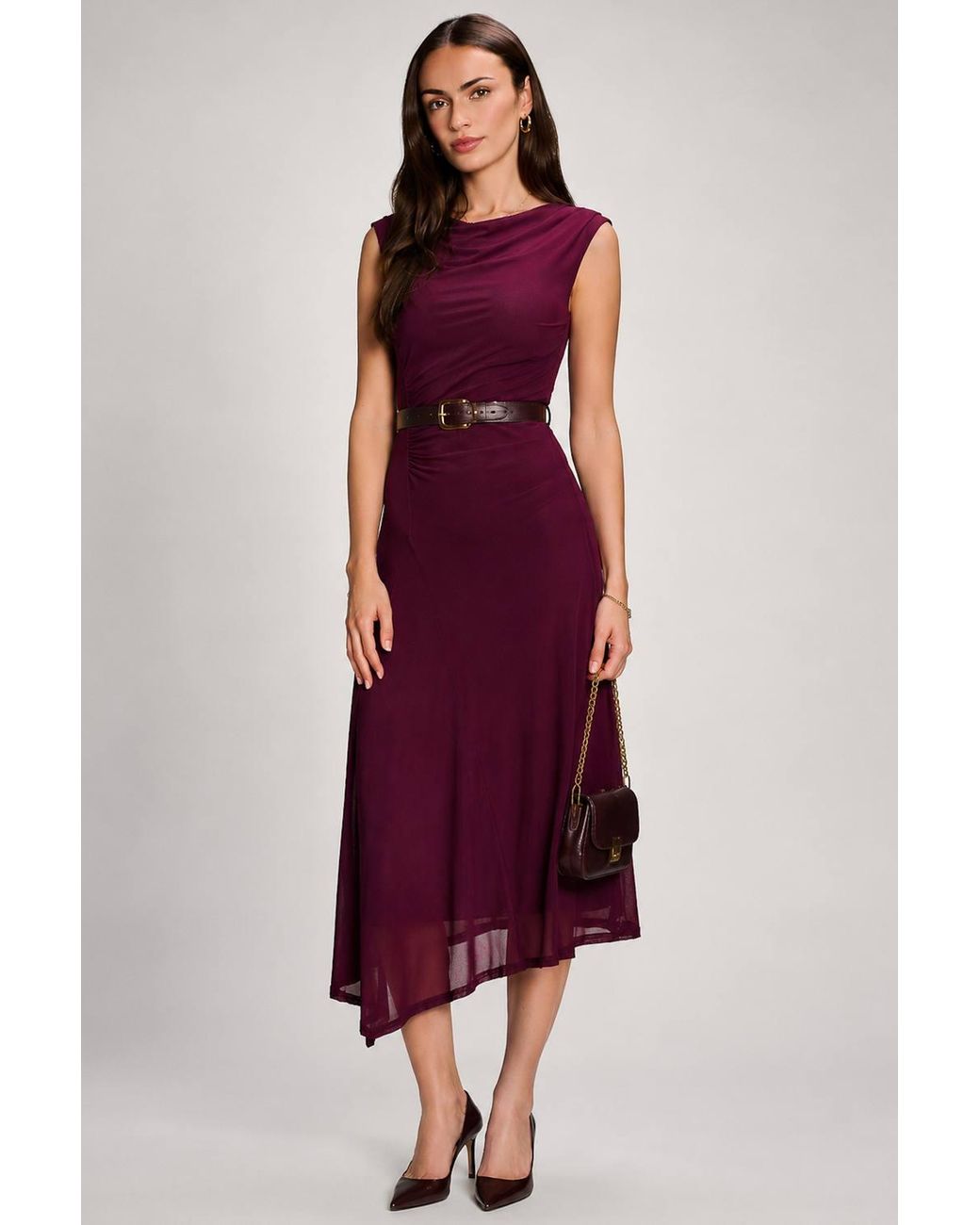 Jolie Moi Red Asymmetric Draped Mesh Maxi Dress
