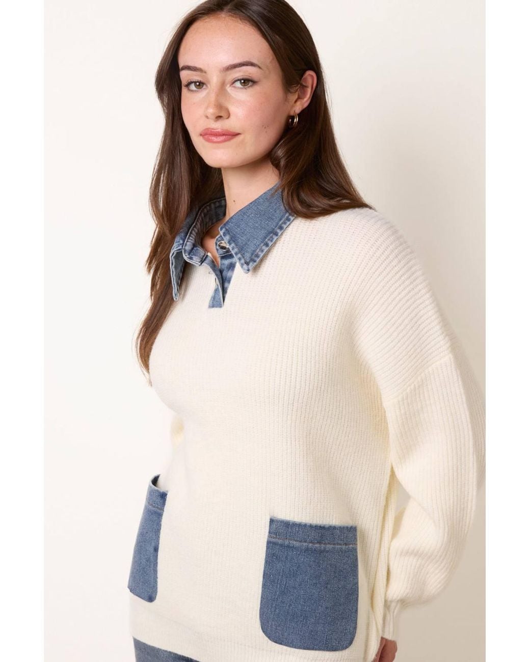 Blue Vanilla White Long Sleeve Button Up Collar Jumper