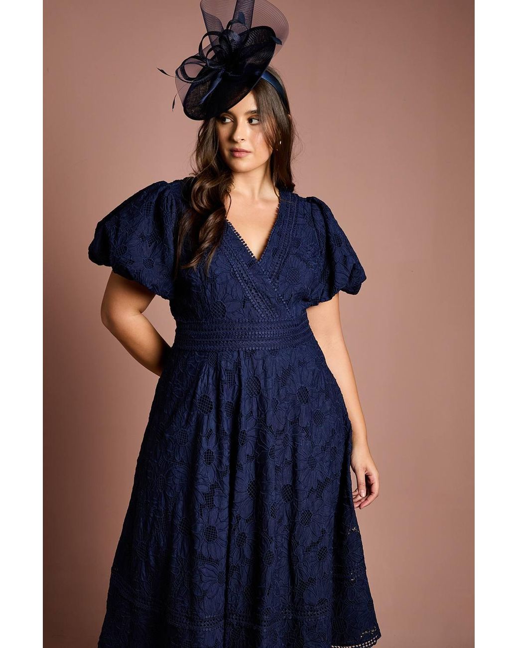 Coast Blue Plus Lace Midi Dress W/ Puff Sleeve