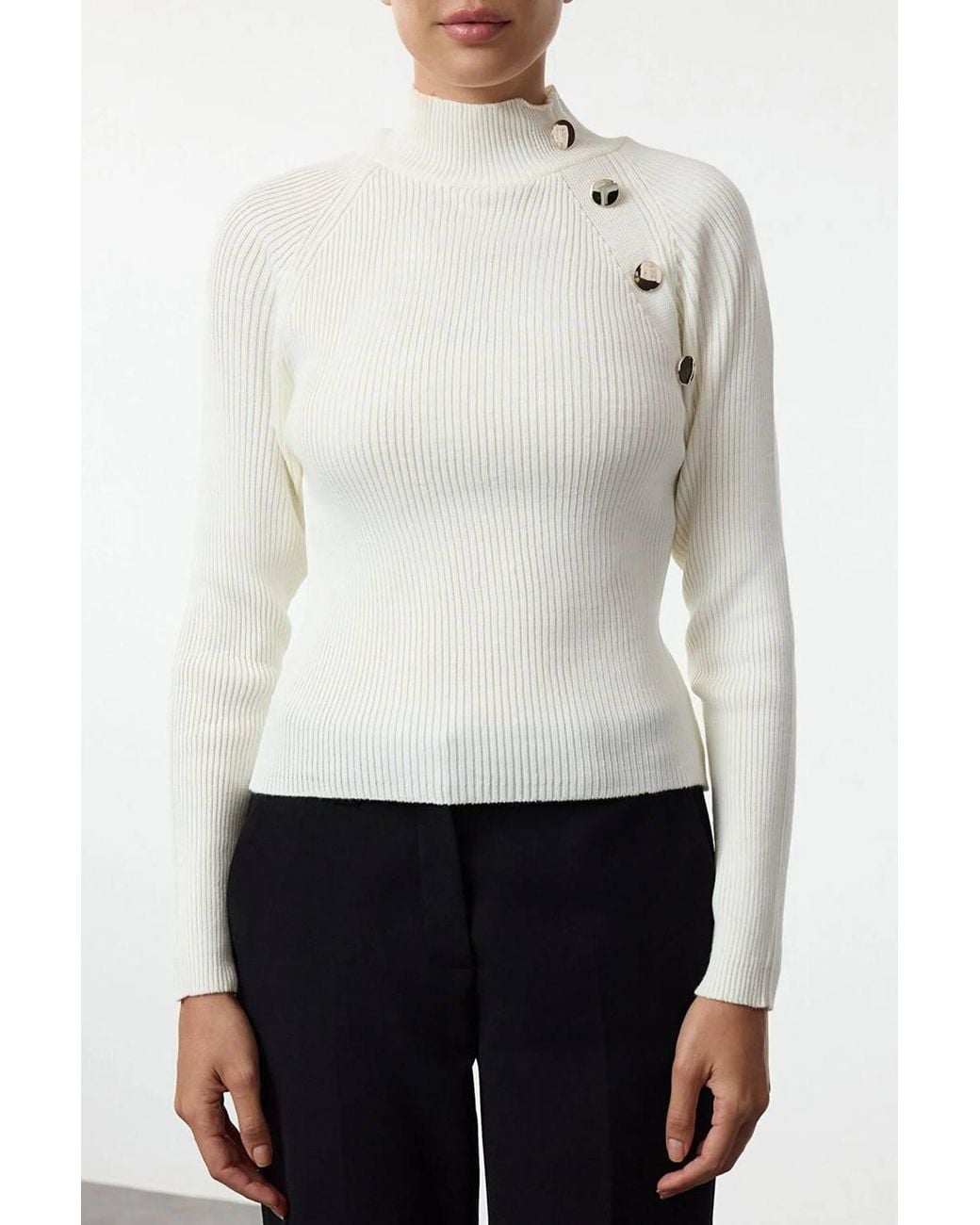WOVCOR White Stand-Up Collar Slim Rib Knit Sweater W/ Button Detail