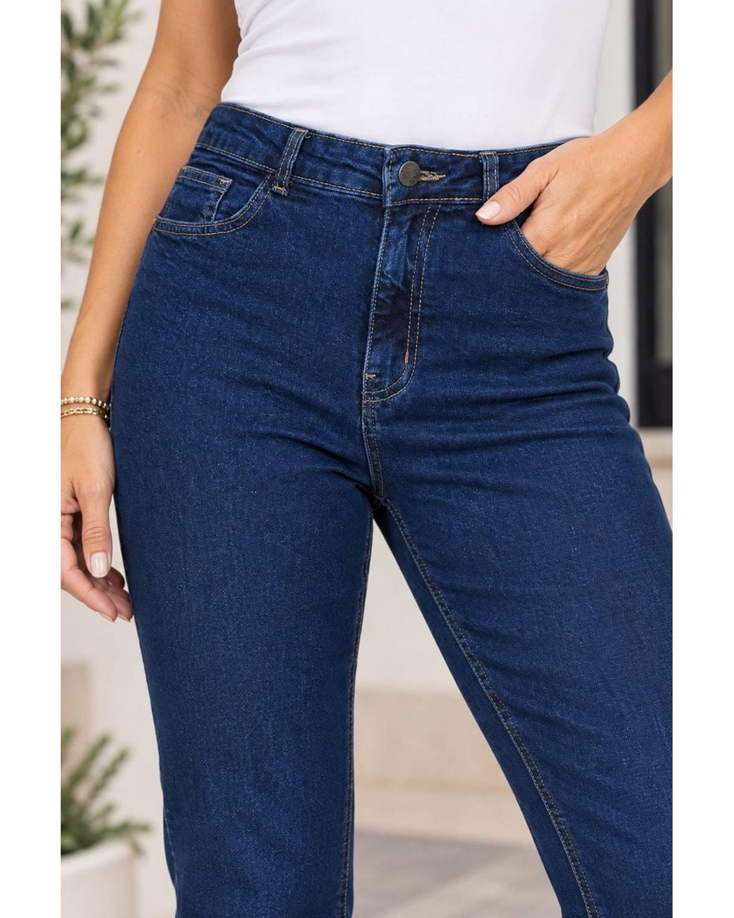 Paulo Due Blue High Waist Slim Fit Straight Leg Stretch Jeans