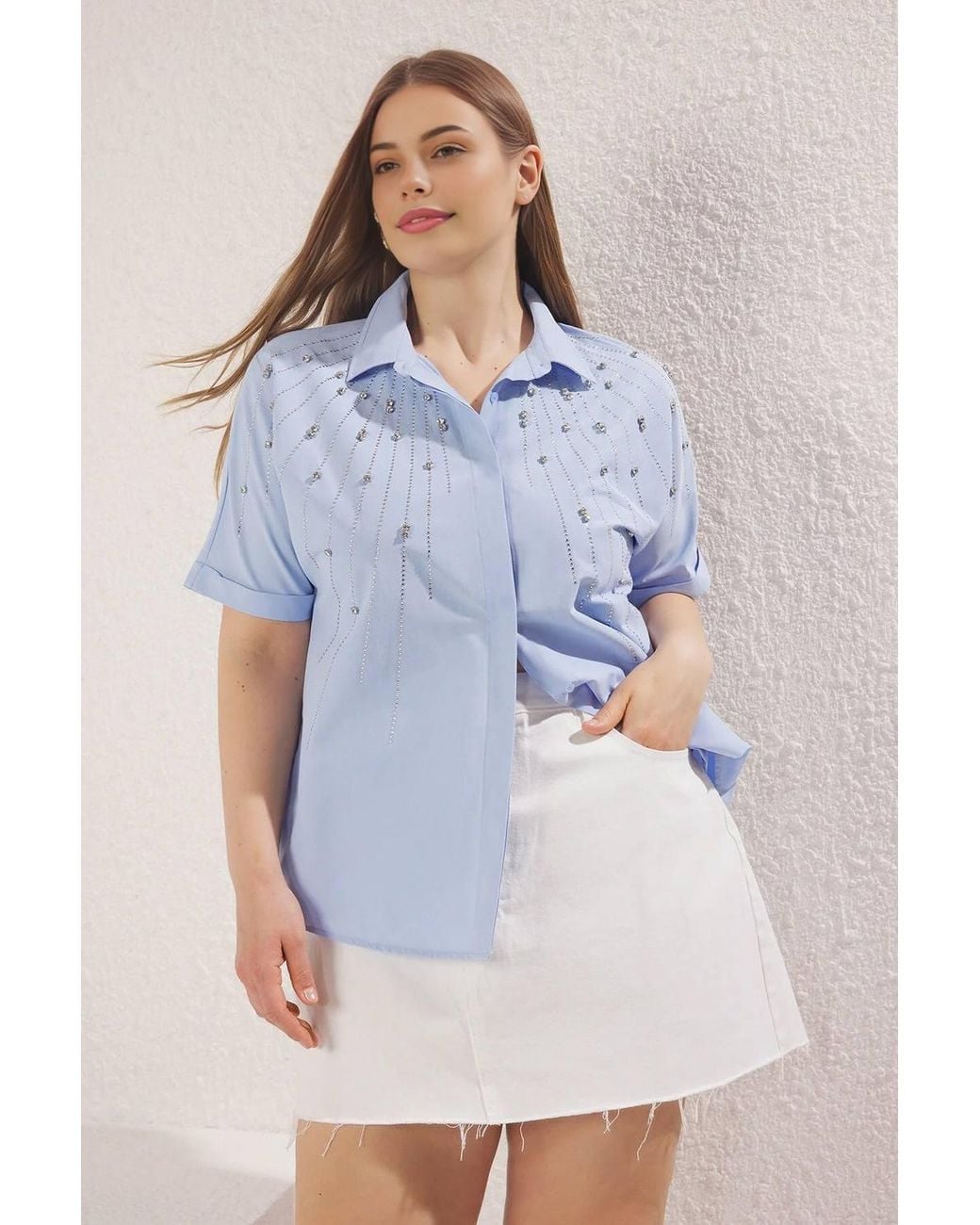 WOVCOR Blue Embellished Short Sleeve Button Up Woven Shirt
