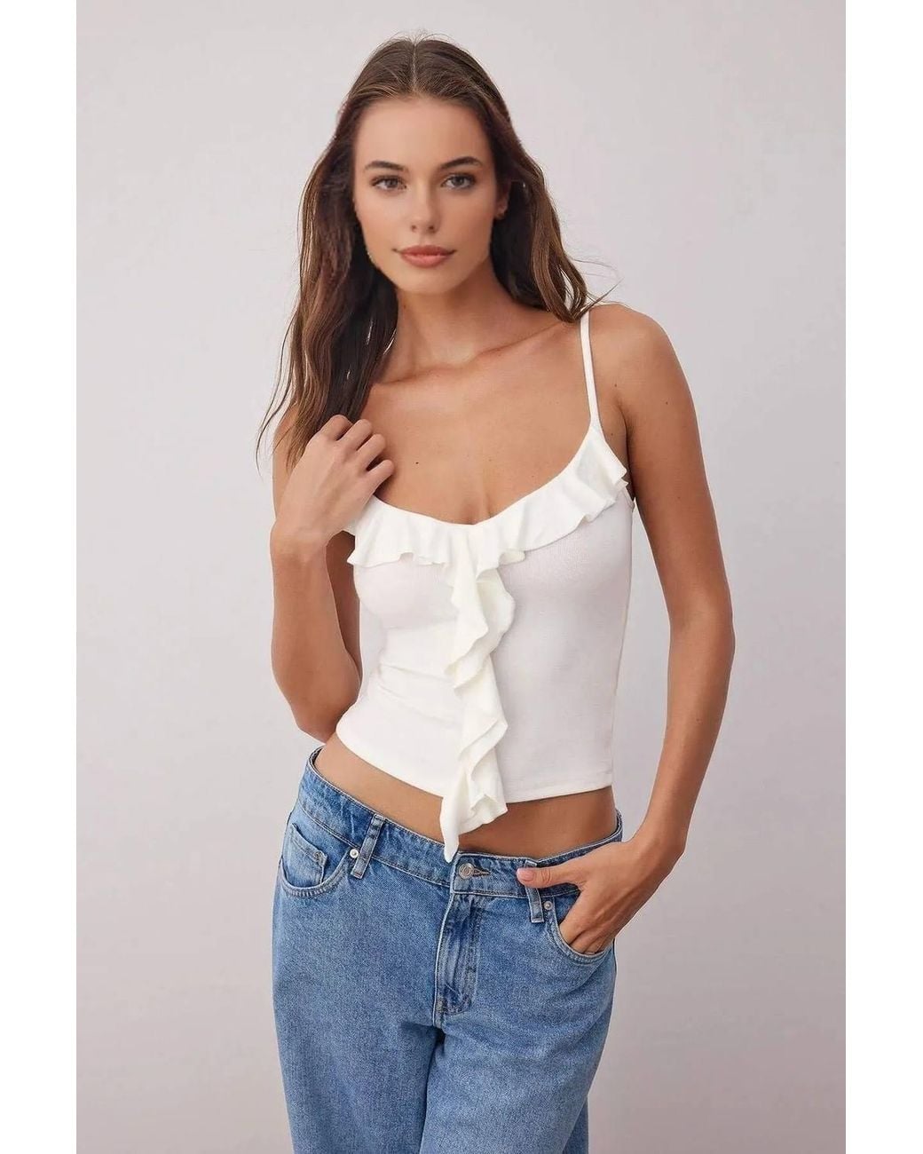 WOVCOR Blue Strappy Frill Detail Fitted Sleeveless Ribbed Top