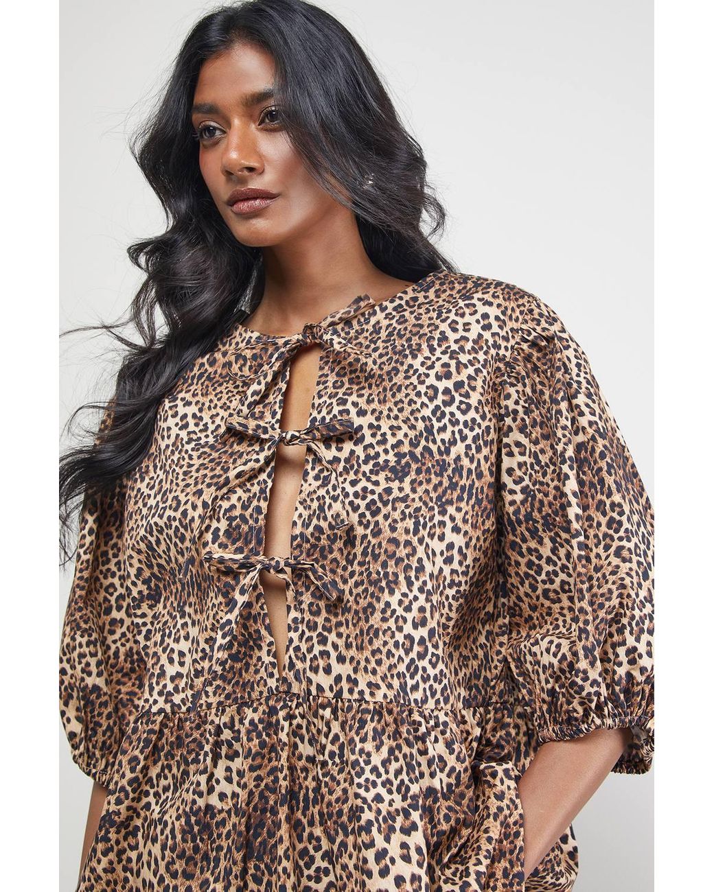Warehouse Blue Print Poplin Tie Front Volume Sleeve Blouse