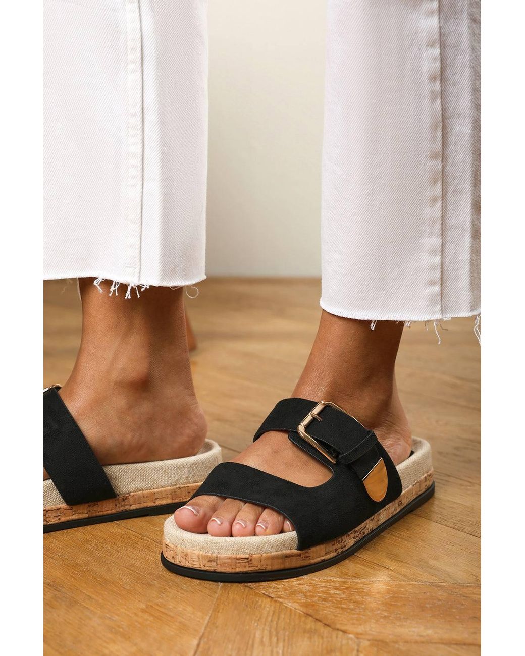 Where's That From Metallic 'Brelia' Dual Strap Flat Sandals W/ Buckle Closure