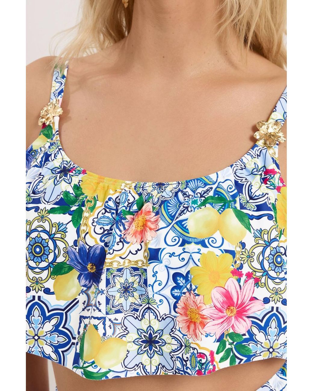 Yours Blue Mediterranean Tile Frill Bikini Top