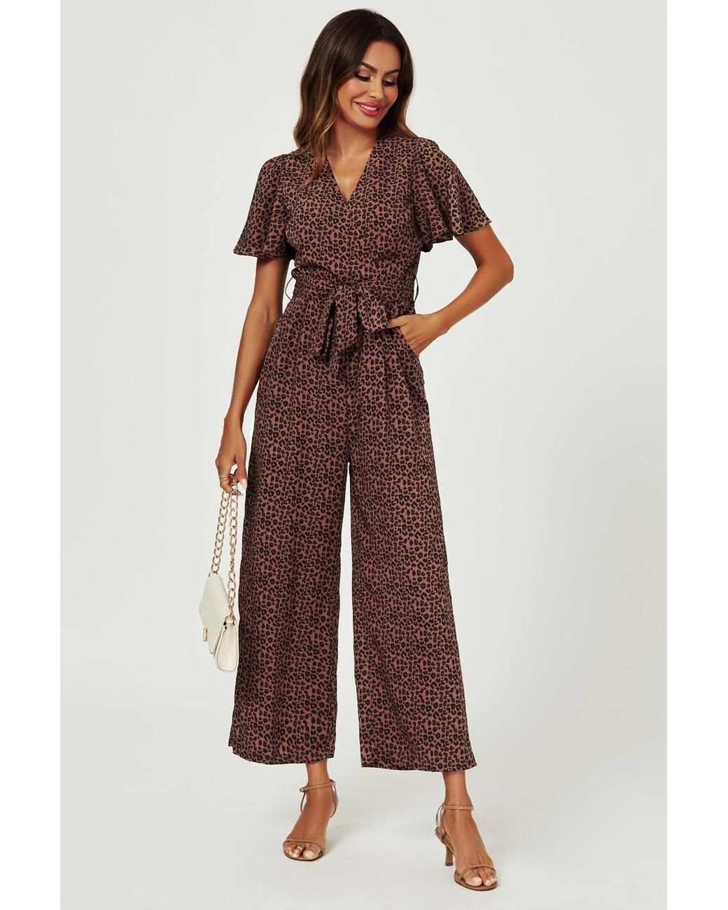 FS Collection Brown Leopard Print Wrap Top Jumpsuit