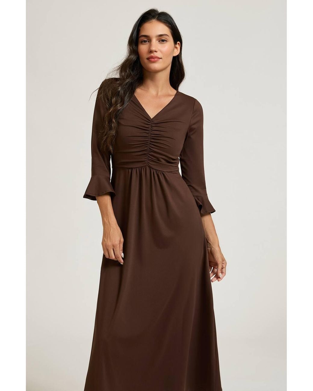 FS Collection Brown Fluted Sleeves Ruched Jersey Midi Dress