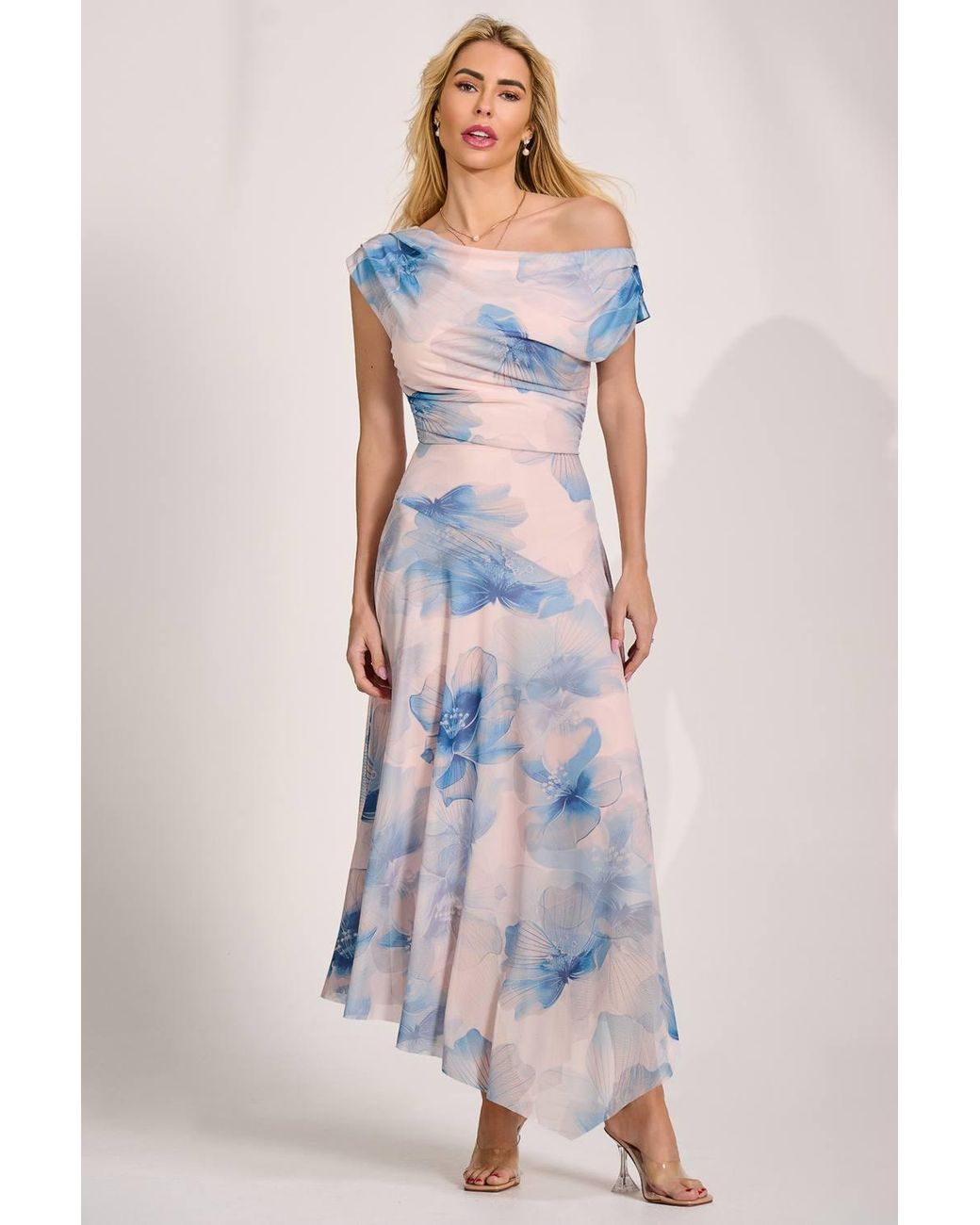 Jolie Moi Multicolor Asymmetric Draped Mesh Maxi Dress