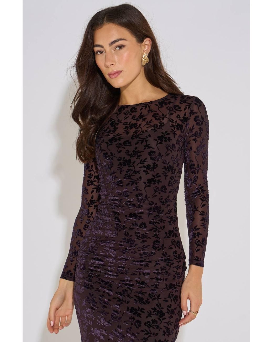 Gini London Black Floral Velour Ruched Front Burnout Midi Dress
