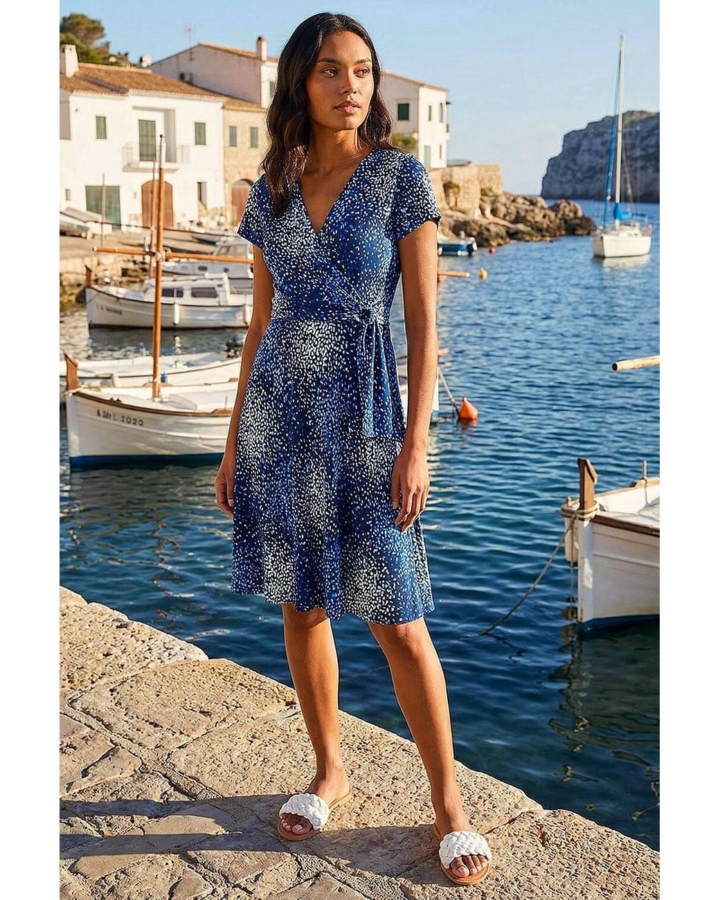 Roman Blue Abstract Wrap Detail Stretch Dress
