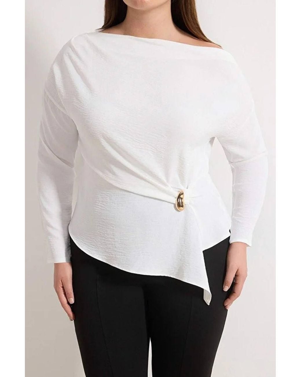 WOVCOR White Asymmetric Neck Hardware Detail Long Sleeve Top