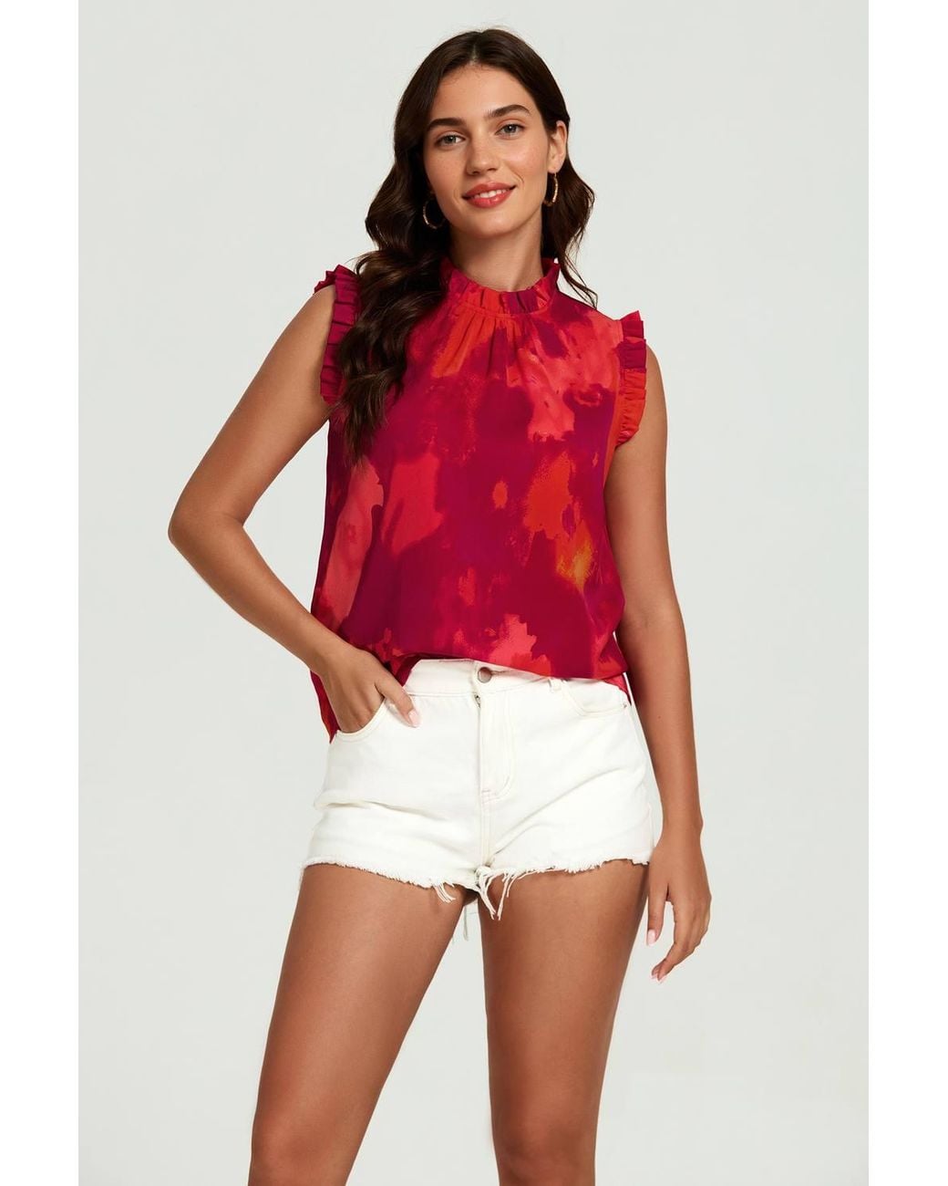 FS Collection Red Abstract Print Frill Trim Sleeve Frill Neck Blouse Top