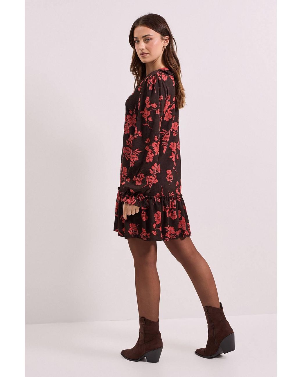 Dorothy Perkins Floral Tie Detail Frill Neck Blouson Sleeve Tiered Mini Dress