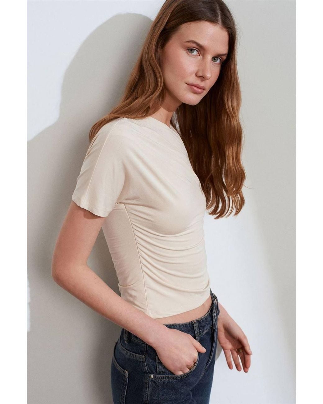 Dilvin Natural Slim Fit V-Neck Jersey Blouse