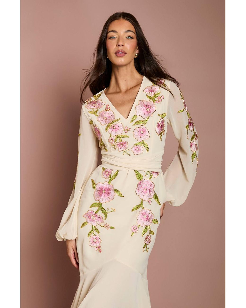 Coast Brown Sequin Embellished & Embroidered High Low Maxi Dress