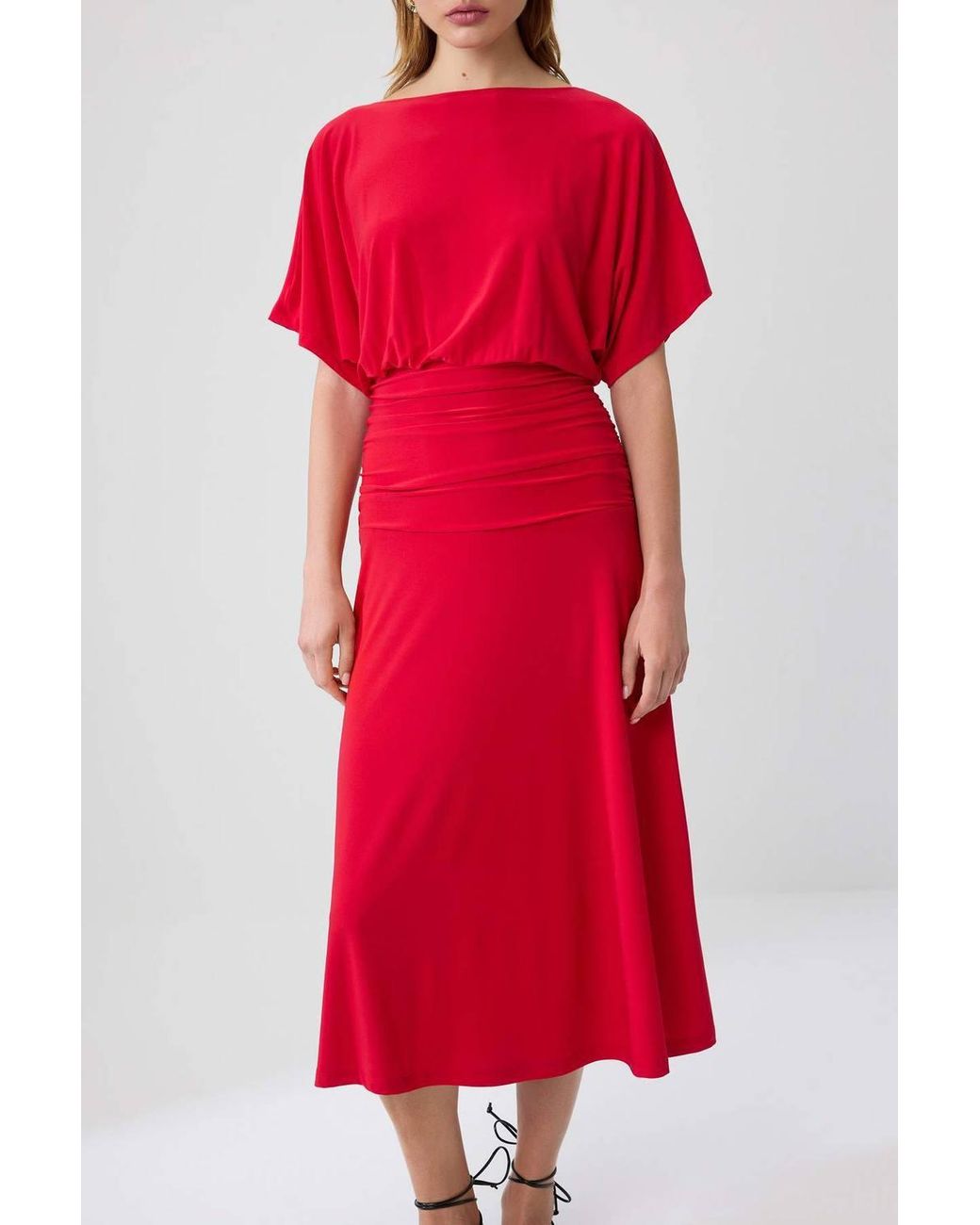 WOVCOR Red Boat Neck Batwing Sleeve Short Sleeve Skater Maxi Dress