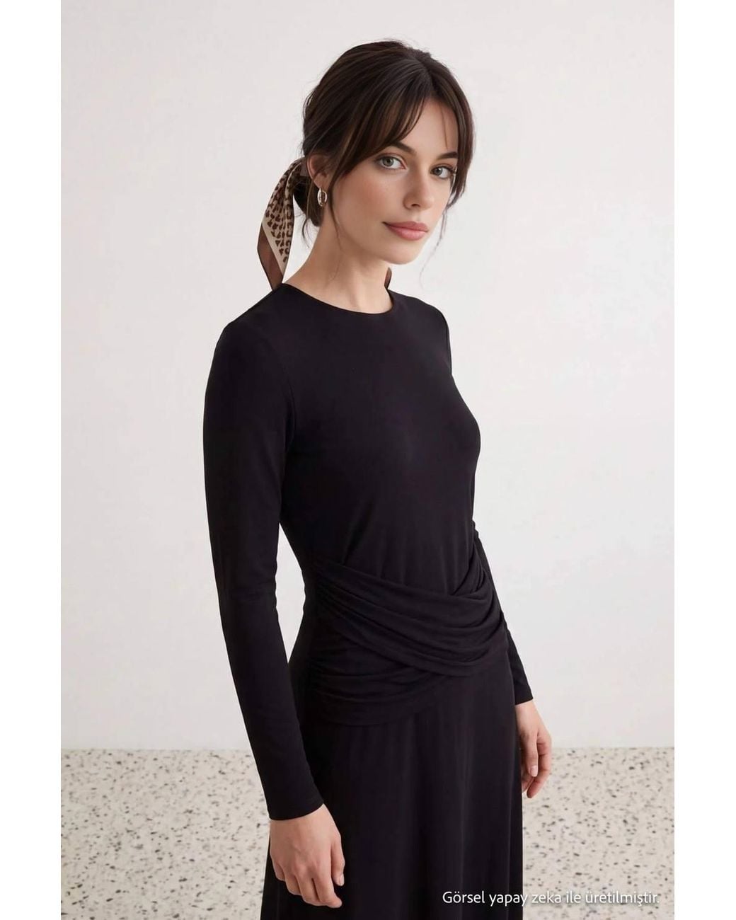 WOVCOR Black High Neck Long Sleeve A-Line Maxi Dress