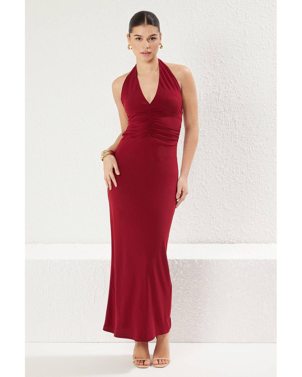 WOVCOR Red V Neck Drape Detail Bodycon Maxi Dress