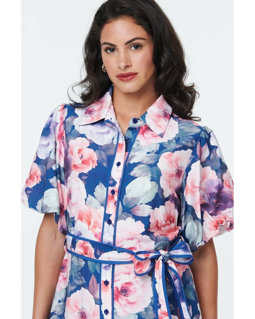 Izabel London Blue Floral 1/2 Puff Sleeve Tie Midi Dress
