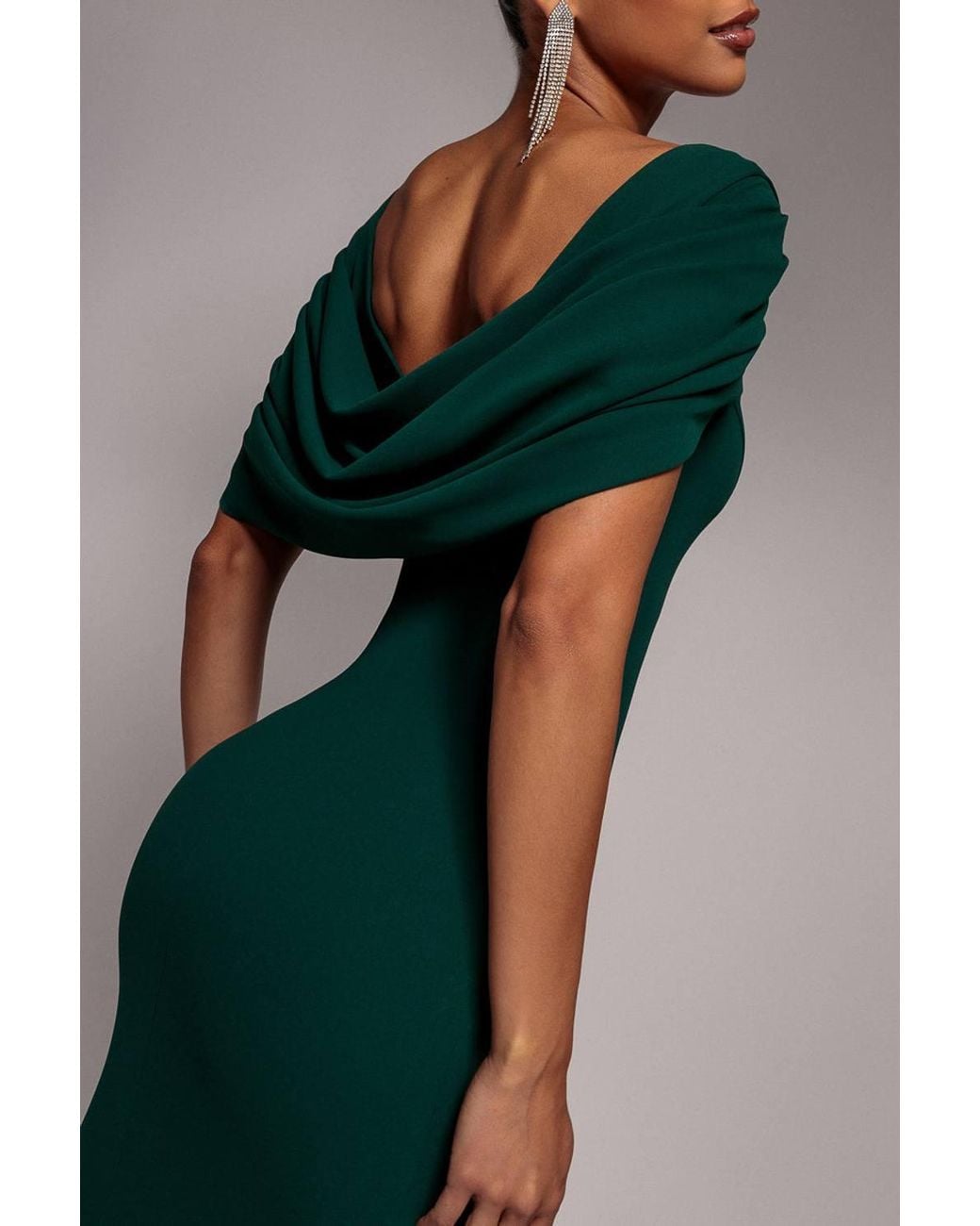 Goddiva Gray V Neck Cowl Back Pleated Sleeve Scuba Maxi Dress