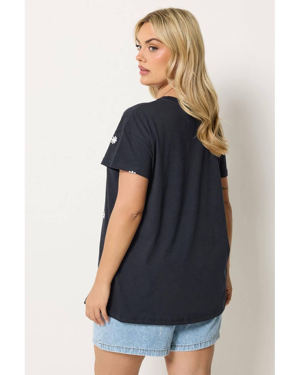 Yours Blue Embroidered Daisy T-Shirt