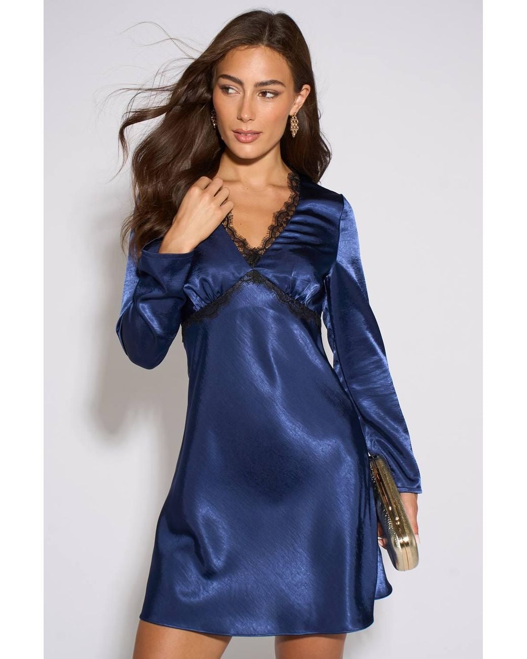 Gini London Blue Satin Contrast Lace Trim Mini Dress