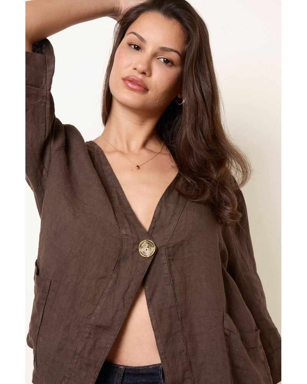 Blue Vanilla Brown Short Sleeve Button Up V-Neck Cardigan