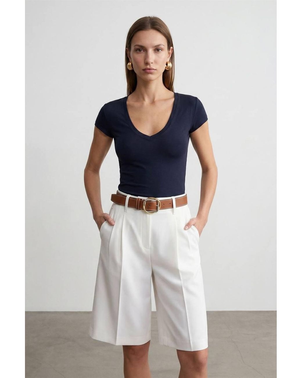 Dilvin Blue Slim Fit V-Neck Jersey Blouse