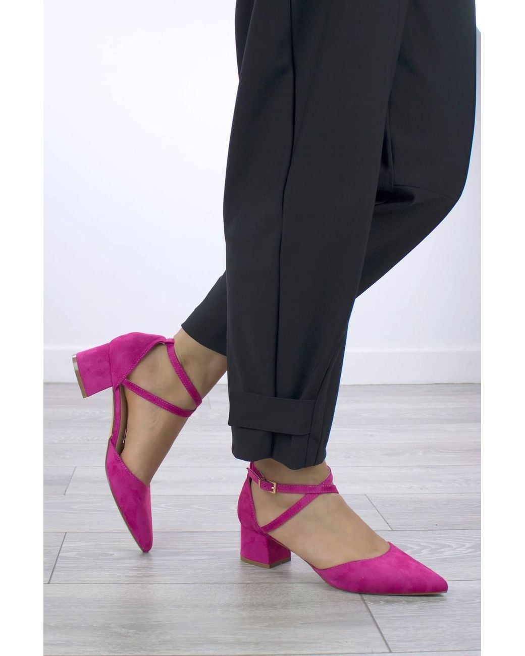 AJVANI Blue Mid Block Heel Faux Suede Pointed Toe Evening Party Strappy Shoes