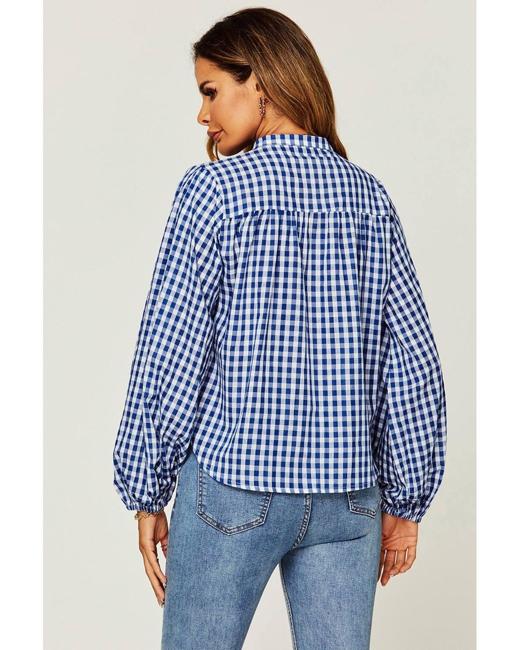 FS Collection Blue Gingham Balloon Sleeve Blouse With Shell Buttons