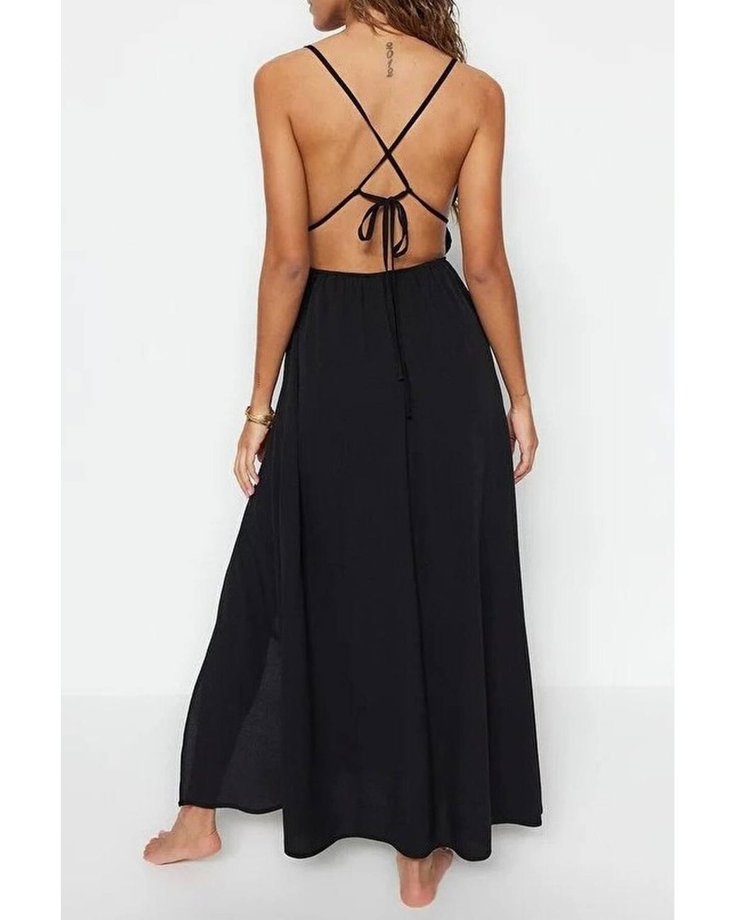 WOVCOR Black Plunge Neck Strappy Maxi Beach Dress