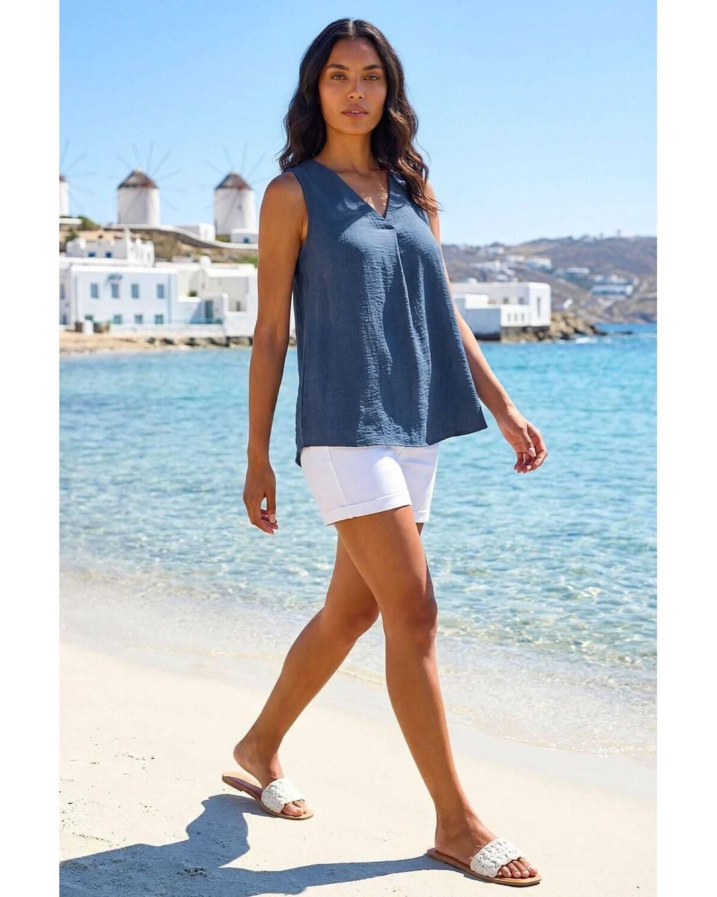 Roman Blue Textured Pleat Front Vest Top