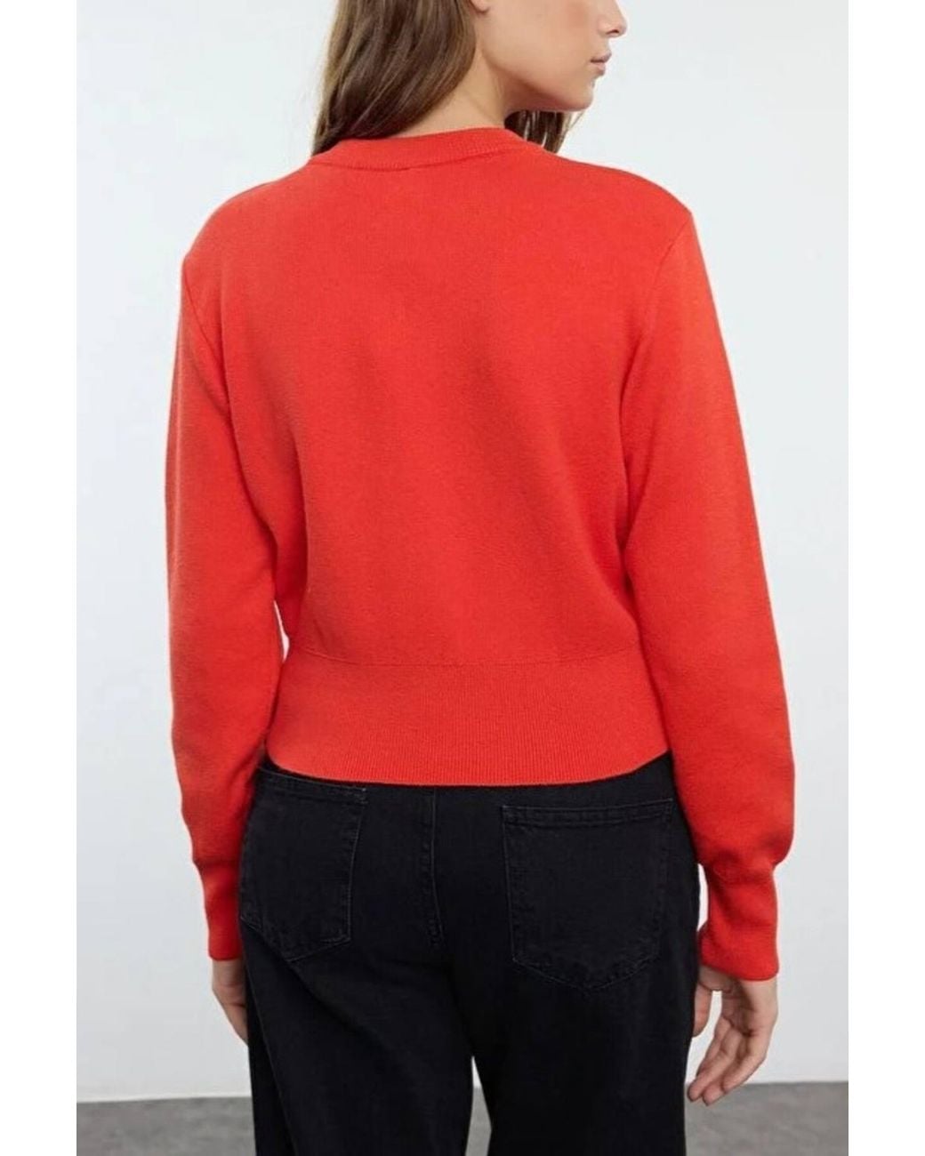 WOVCOR Red Knit Cardigan W/ Rose Button Detail