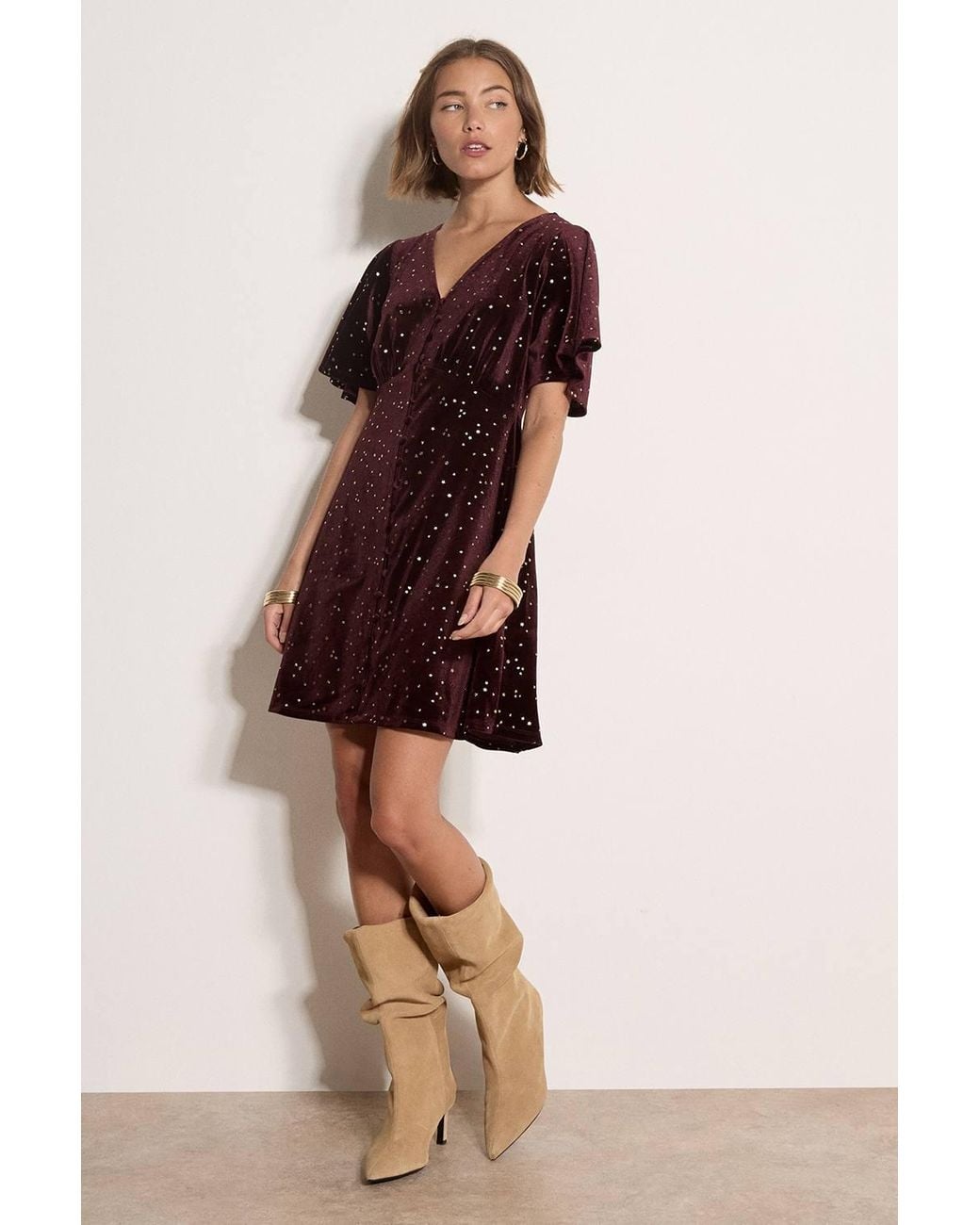 Apricot Red Foil Star Velvet Mini Dress