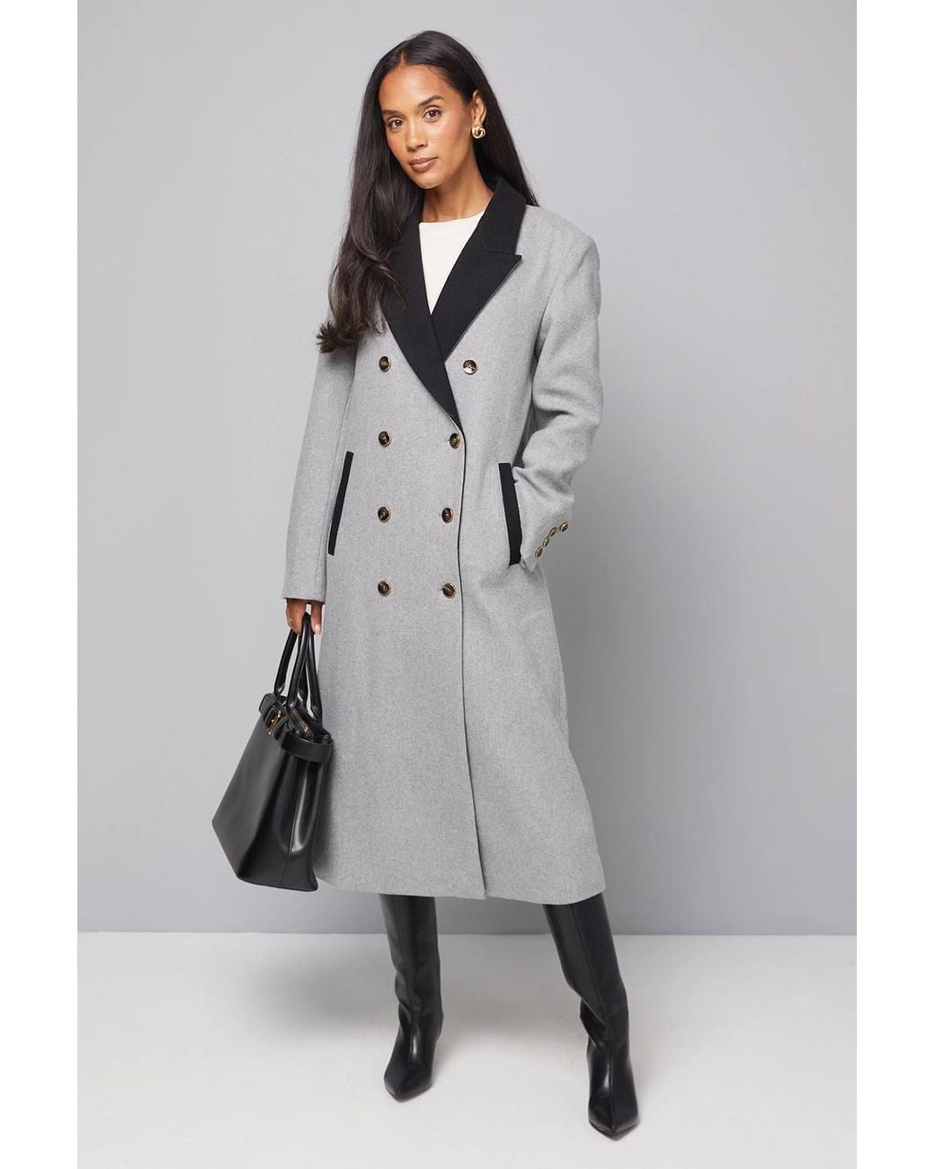 Wallis Gray Contrast Collar & Pocket Detail Coat