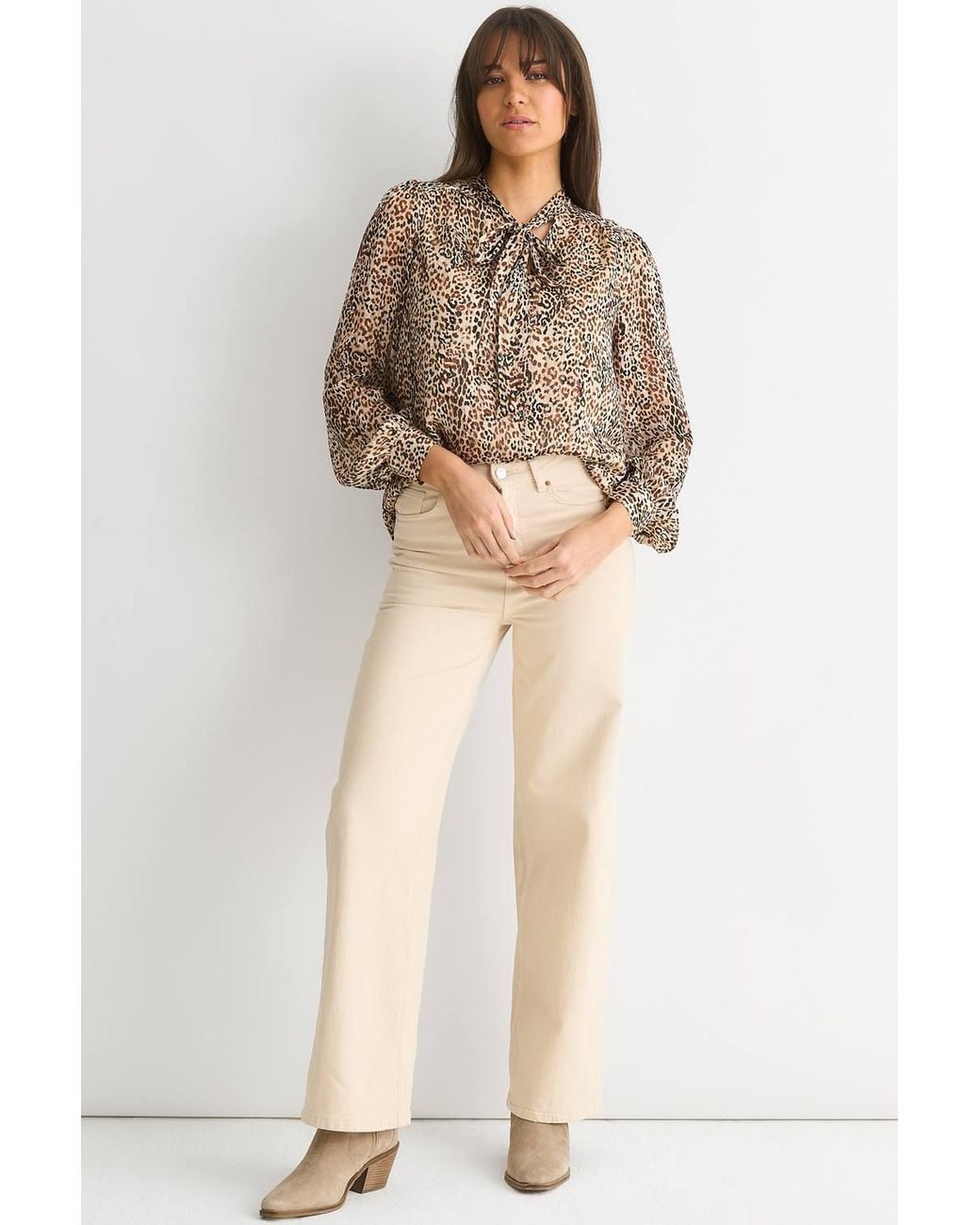 Gini London Natural Animal Print Long Sleeves Tie Neck Blouse