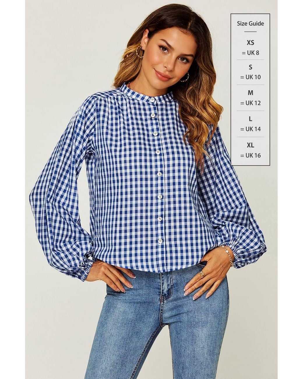 FS Collection Blue Gingham Balloon Sleeve Blouse With Shell Buttons