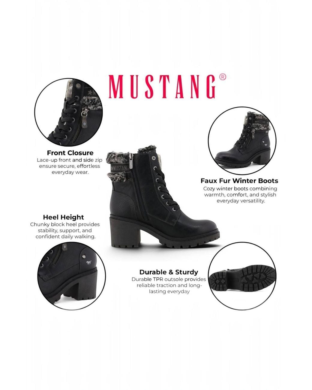 Infinity Leather Black Mustang Winter Warm Heeled Lace-Up Boots