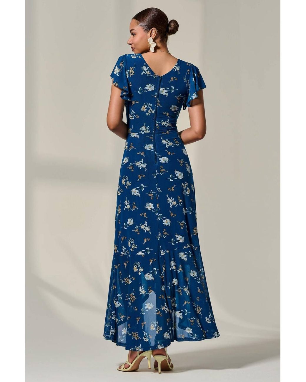 Jolie Moi Blue Floral Ruffle Hem Maxi Dress