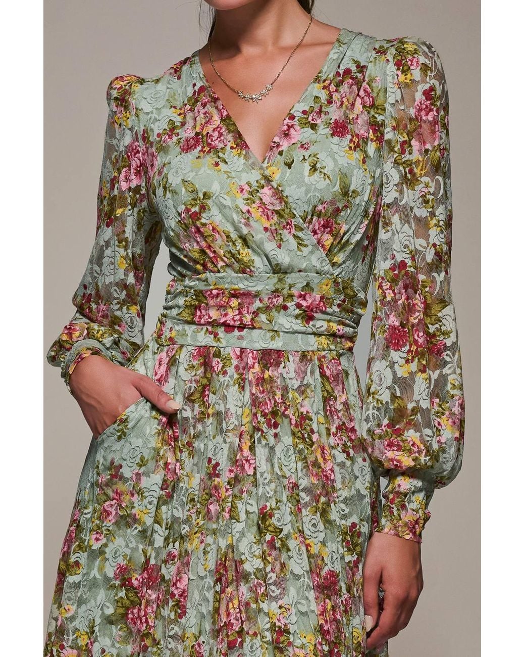 Jolie Moi Green Long Sleeve Printed Lace Maxi Dress