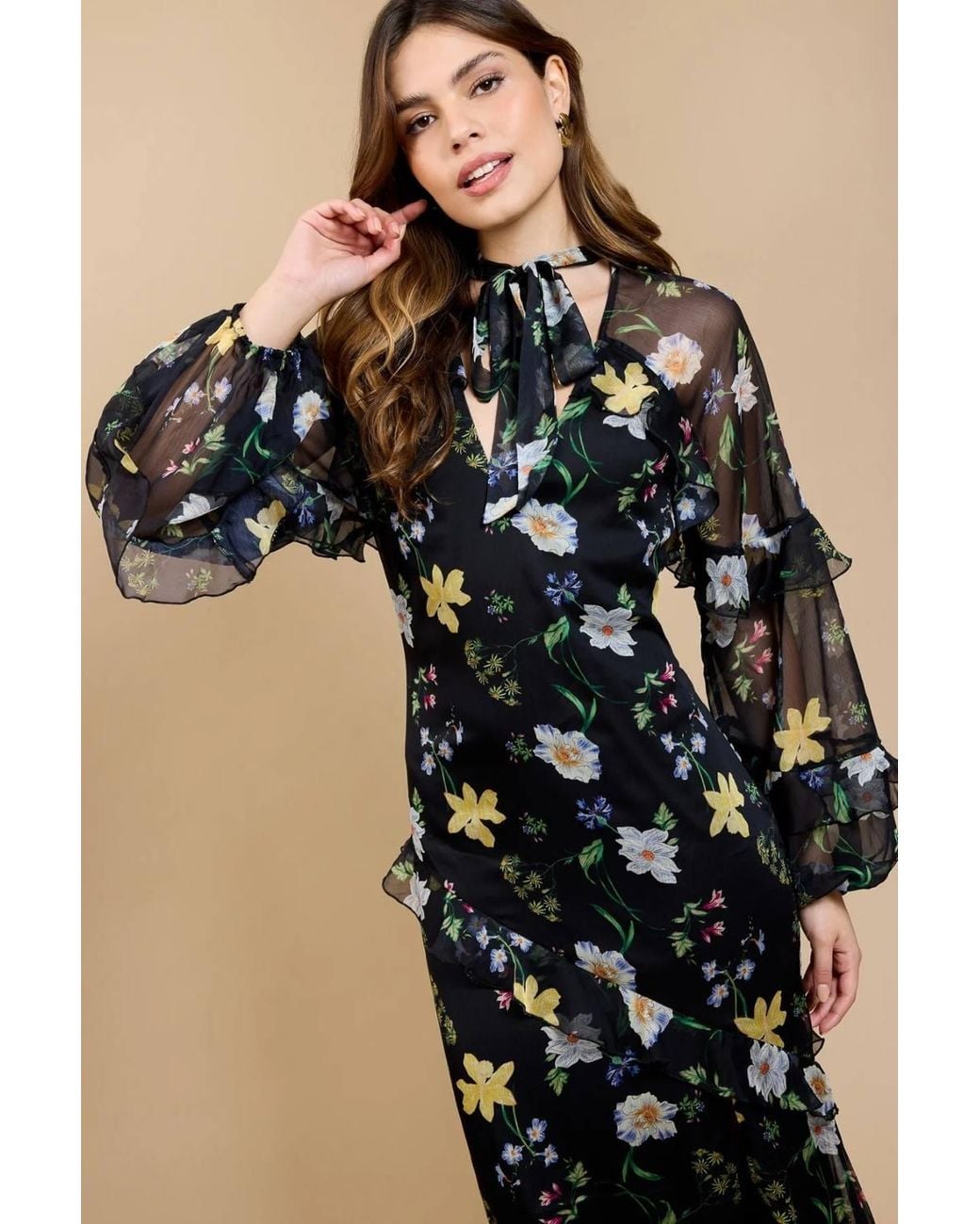 Little Mistress Natural Floral Print Frill Midaxi Dress