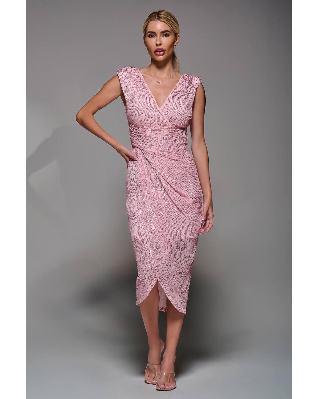 Jolie Moi Gray Sequin V Neck Ruched Wrap Bodycon Dress