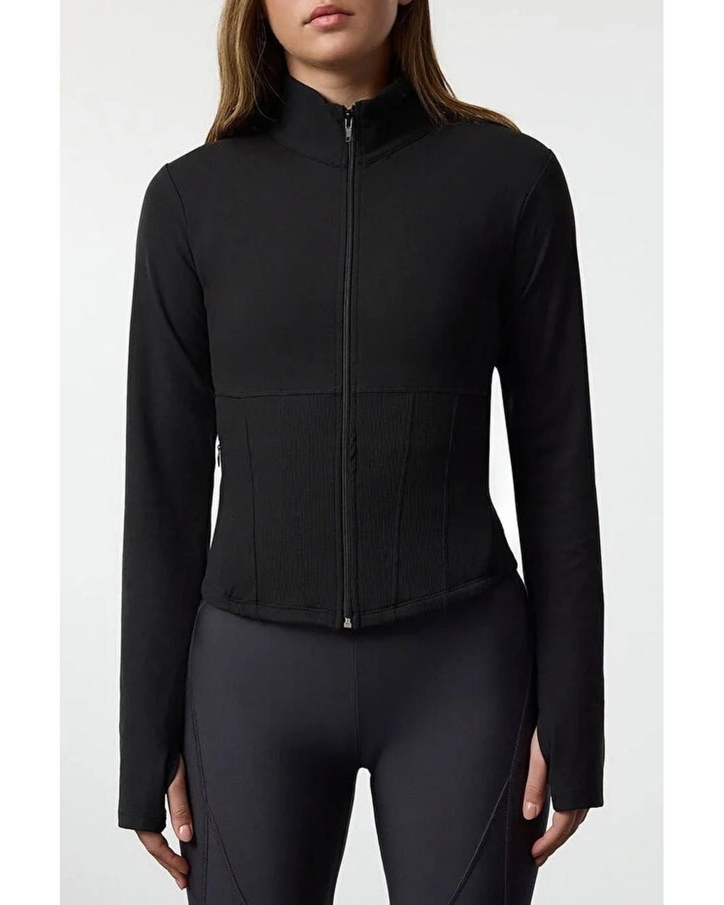 WOVCOR Black Zip Up Thumbhole Sports Jacket W/ Ribbed Panel