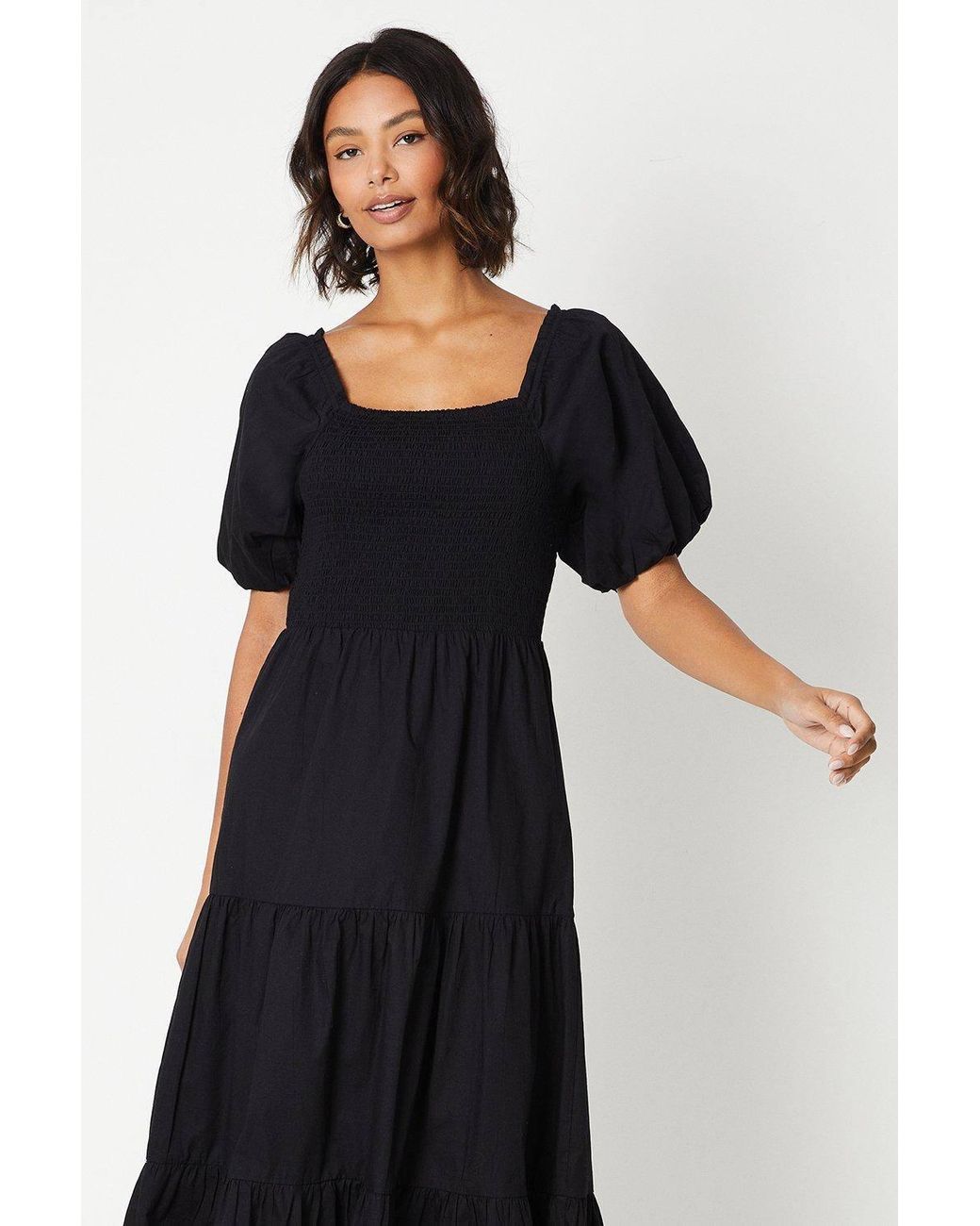 Dorothy Perkins Black Puff Sleeve Shirred Bodice Midi Dress