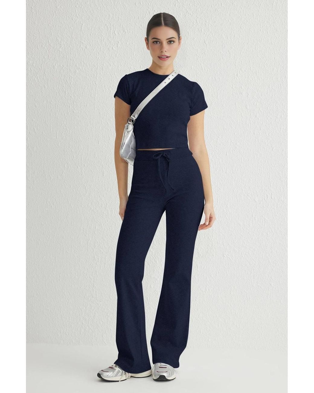 WOVCOR Blue Stretch Woven Crop Top & Trousers Co-Ord Set