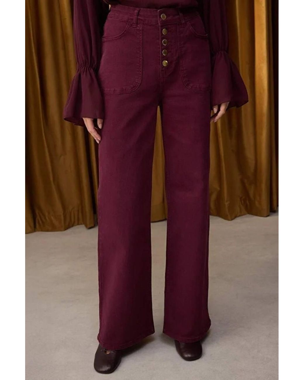 WOVCOR Purple Button Detailed High Waist Wide Leg Comfort Jeans